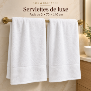 Lot de 2 Serviettes de bain épaisses 100 % coton blanches 35× 75cm
