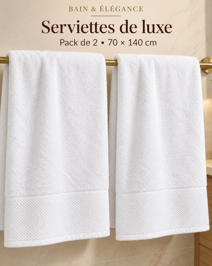 Lot de 2 Serviettes de bain épaisses 100 % coton blanches 35× 75cm