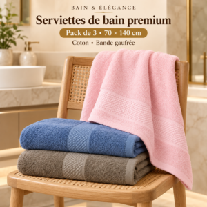 Pack de 3 serviettes de bain en coton à bande gaufrée – 70 × 140 cm