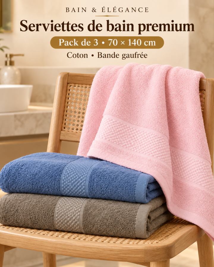 Pack de 3 serviettes de bain en coton à bande gaufrée – 70 × 140 cm