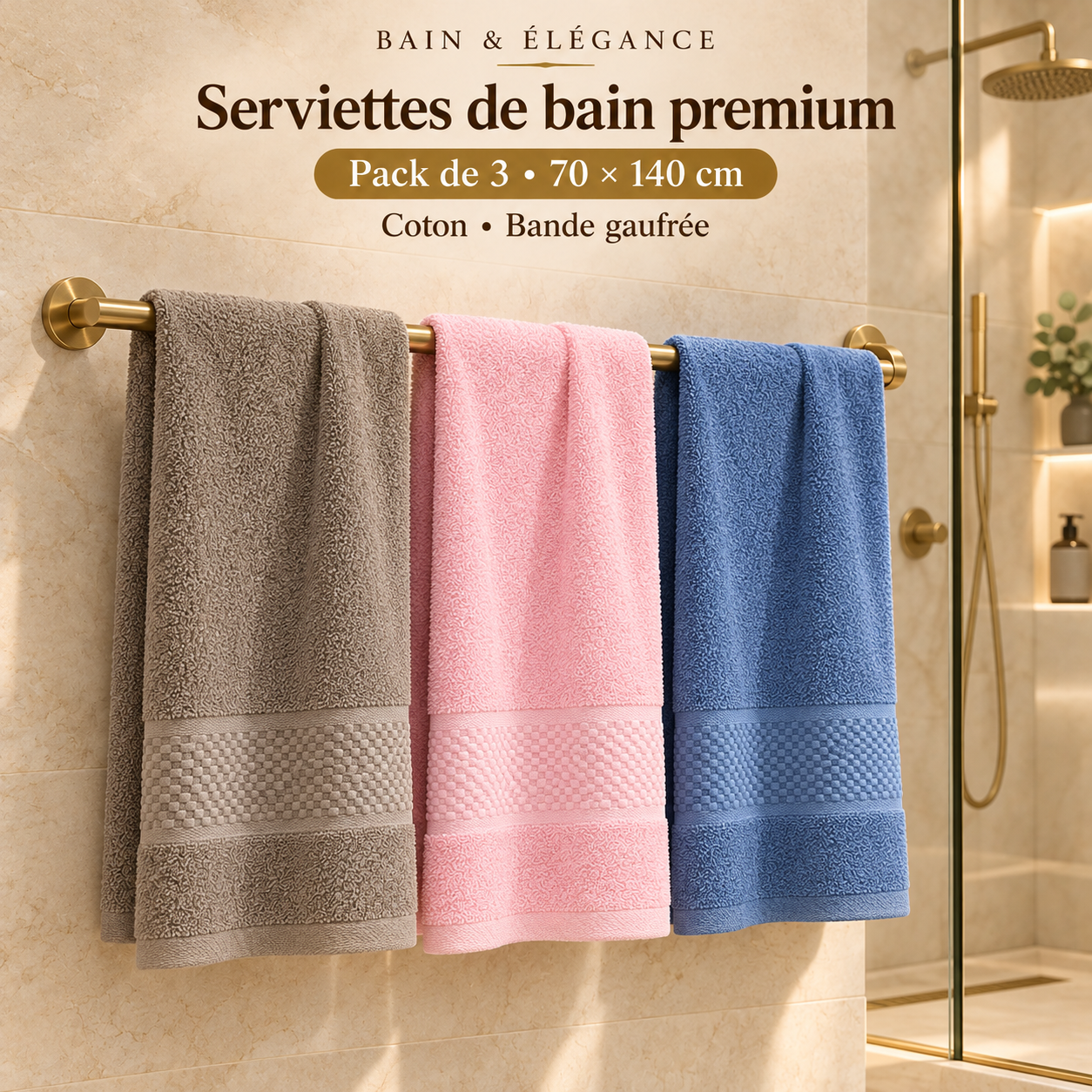 Pack de 3 serviettes de bain en coton à bande gaufrée – 70 × 140 cm – Image 2